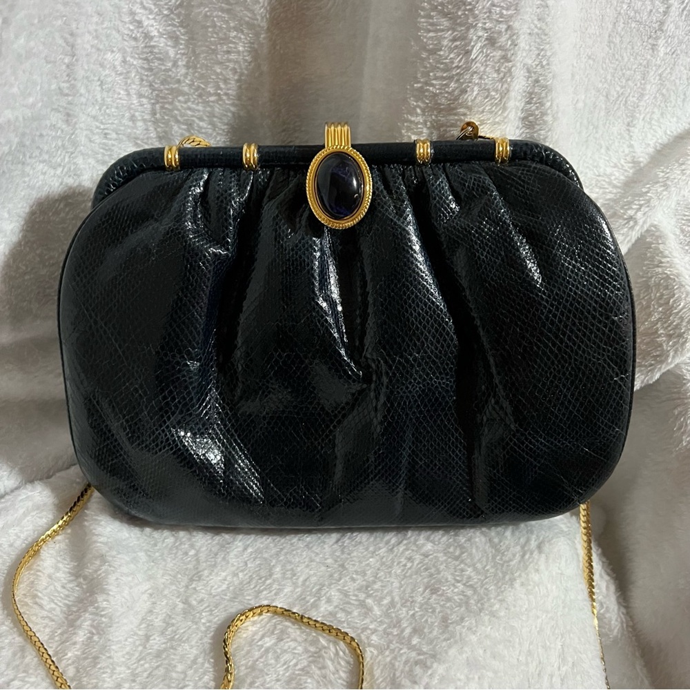 Vintage Dark Blue Lizard Skin Turtle Clasp Purse